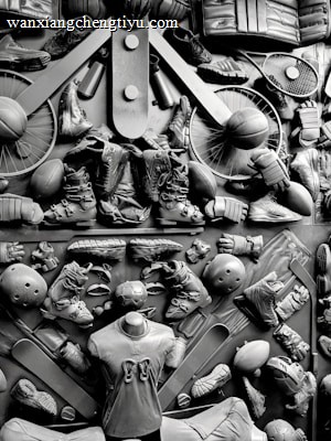 A complex arrangement of various sports equipment and attire, including tennis rackets, soccer balls, basketballs, helmets, shoes, gloves, and a mannequin torso wearing a T-shirt. The items are layered and artistically displayed in a monochrome color scheme, creating an intricate texture and visual pattern.
